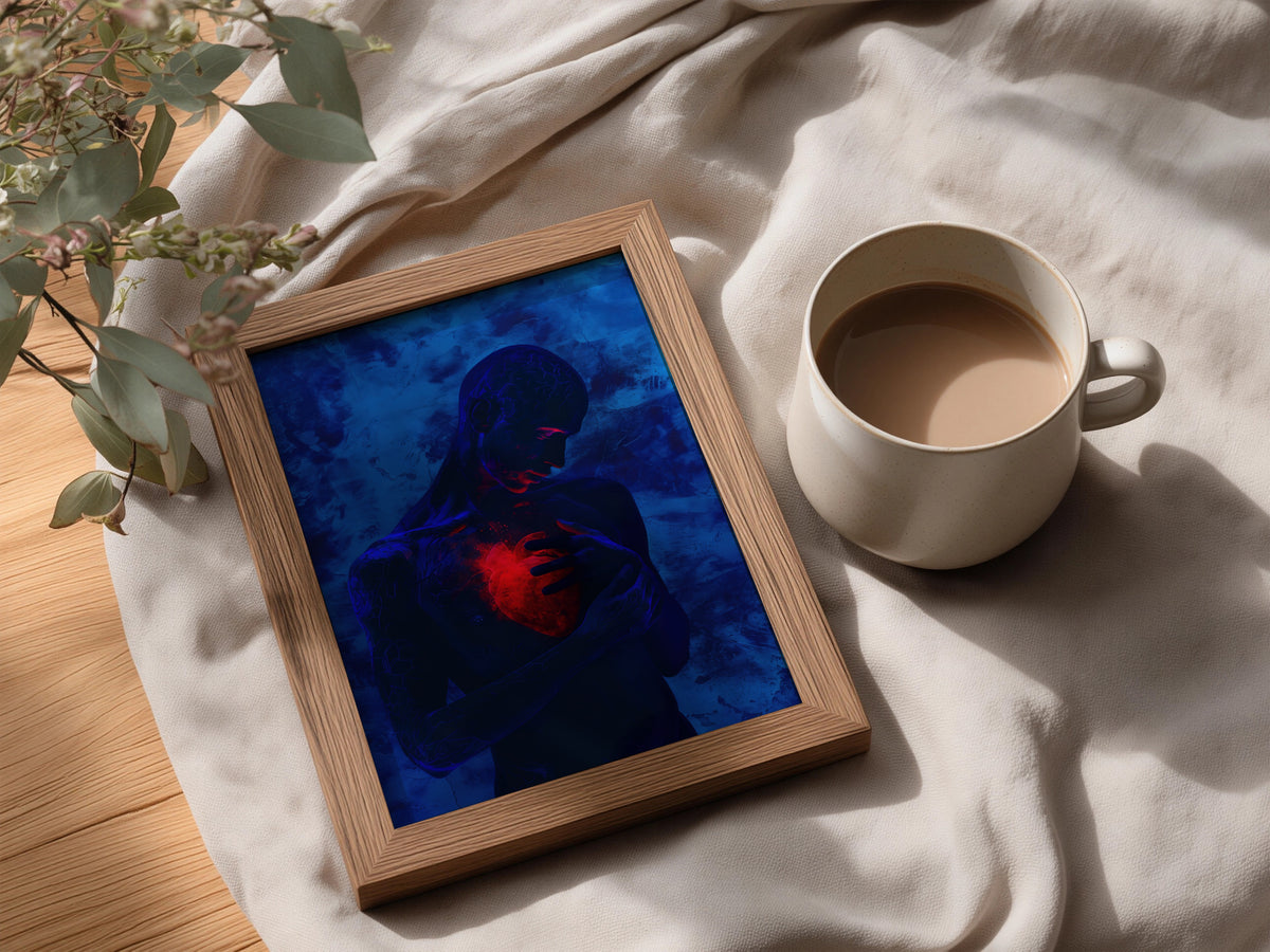 Anatomical Heart Poster, Dark Blue Surreal Wall Art, Moody Figure Art Print, Emotional Abstract — styling mockup 3