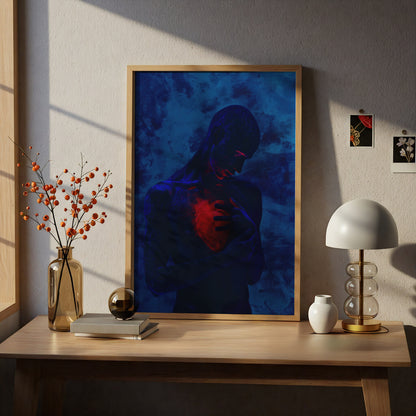 Anatomical Heart Poster, Dark Blue Surreal Wall Art, Moody Figure Art Print, Emotional Abstract — styling mockup 5