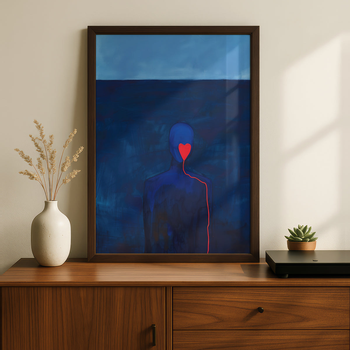 Blue Figure Red Heart Poster, Abstract Emotional Wall Art Print, Moody Navy Painting for Bedroom — styling mockup 2