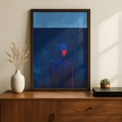 Blue Figure Red Heart Poster, Abstract Emotional Wall Art Print, Moody Navy Painting for Bedroom — styling mockup 2
