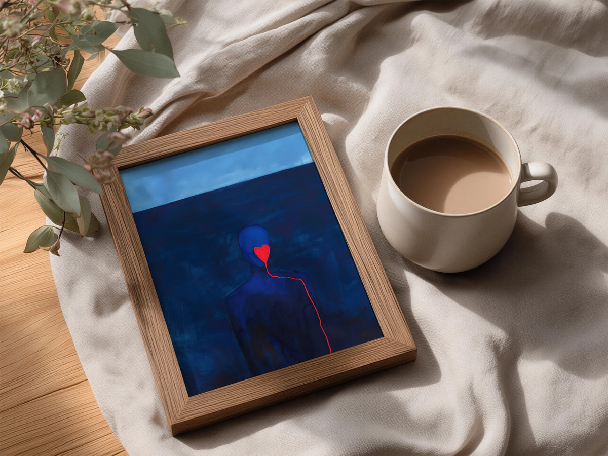 Blue Figure Red Heart Poster, Abstract Emotional Wall Art Print, Moody Navy Painting for Bedroom — styling mockup 3