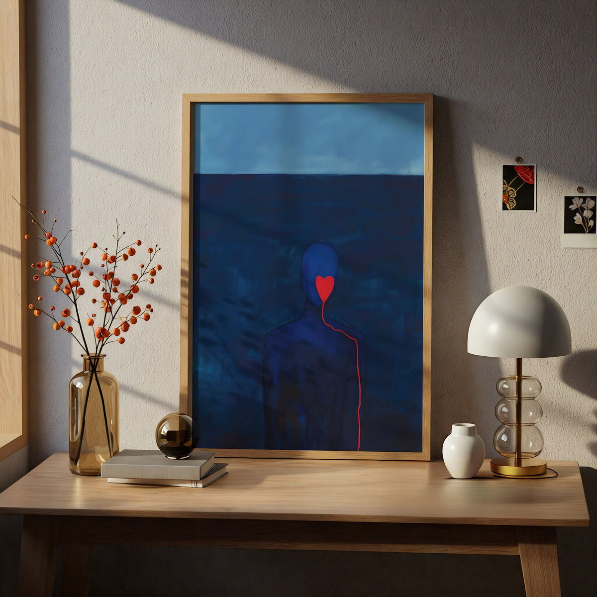 Blue Figure Red Heart Poster, Abstract Emotional Wall Art Print, Moody Navy Painting for Bedroom — styling mockup 5