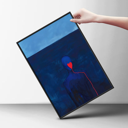 Blue Figure Red Heart Poster, Abstract Emotional Wall Art Print, Moody Navy Painting for Bedroom — styling mockup 6