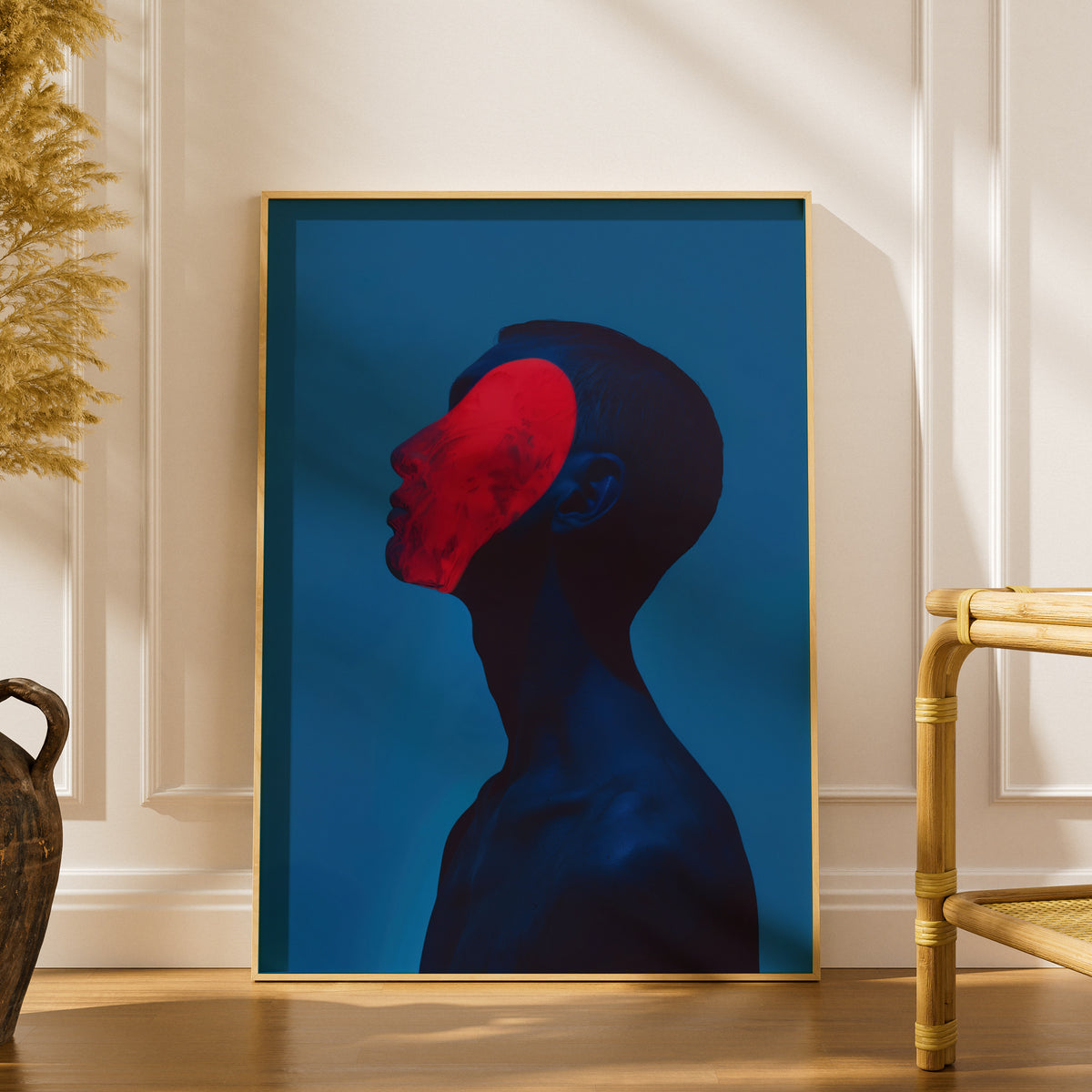 Surreal Profile Portrait, Red and Blue Abstract Wall Art Poster, Modern Contemporary Art Print — styling mockup 1