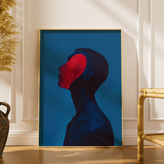 Surreal Profile Portrait, Red and Blue Abstract Wall Art Poster, Modern Contemporary Art Print — styling mockup 1