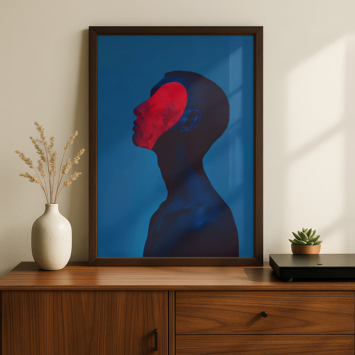 Surreal Profile Portrait, Red and Blue Abstract Wall Art Poster, Modern Contemporary Art Print — styling mockup 2
