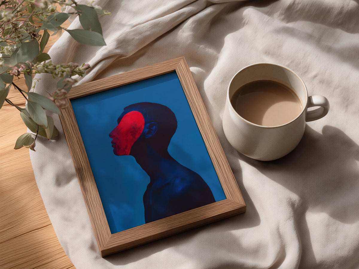 Surreal Profile Portrait, Red and Blue Abstract Wall Art Poster, Modern Contemporary Art Print — styling mockup 3