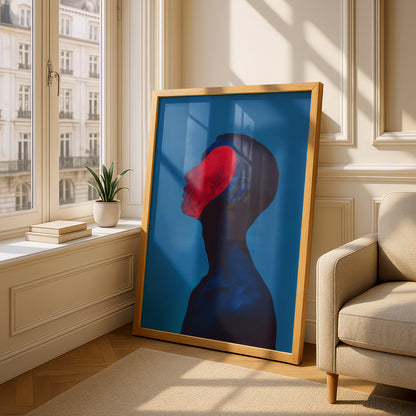Surreal Profile Portrait, Red and Blue Abstract Wall Art Poster, Modern Contemporary Art Print — styling mockup 4