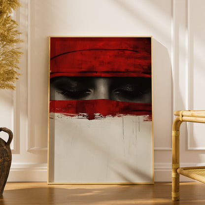 Red Abstract Eyes Poster, Dramatic Portrait Wall Art Print, Modern Black Red Cream Bedroom Decor — styling mockup 1