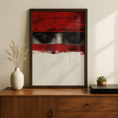 Red Abstract Eyes Poster, Dramatic Portrait Wall Art Print, Modern Black Red Cream Bedroom Decor — styling mockup 2