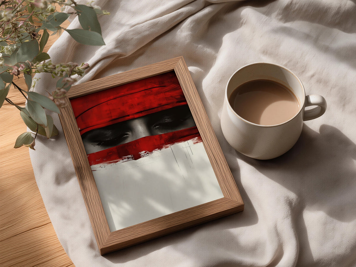 Red Abstract Eyes Poster, Dramatic Portrait Wall Art Print, Modern Black Red Cream Bedroom Decor — styling mockup 3