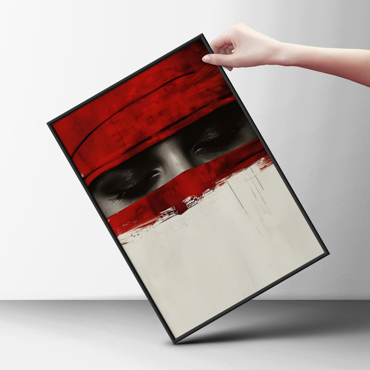Red Abstract Eyes Poster, Dramatic Portrait Wall Art Print, Modern Black Red Cream Bedroom Decor — styling mockup 6