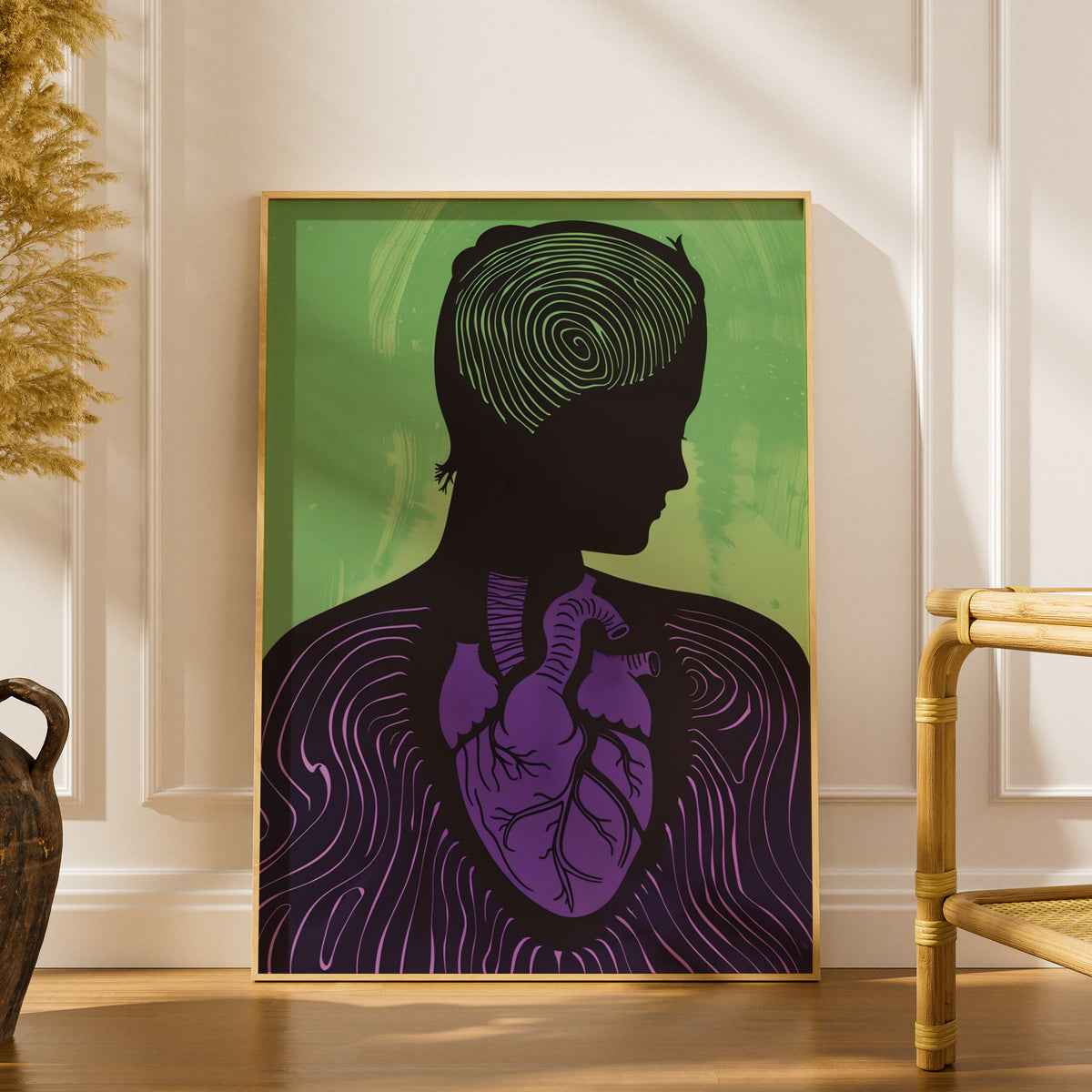 Anatomical Heart Silhouette Poster, Purple Green Wall Art, Mental Health Art Print, Modern Gallery — styling mockup 1