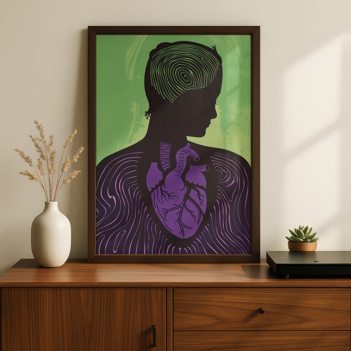 Anatomical Heart Silhouette Poster, Purple Green Wall Art, Mental Health Art Print, Modern Gallery — styling mockup 2