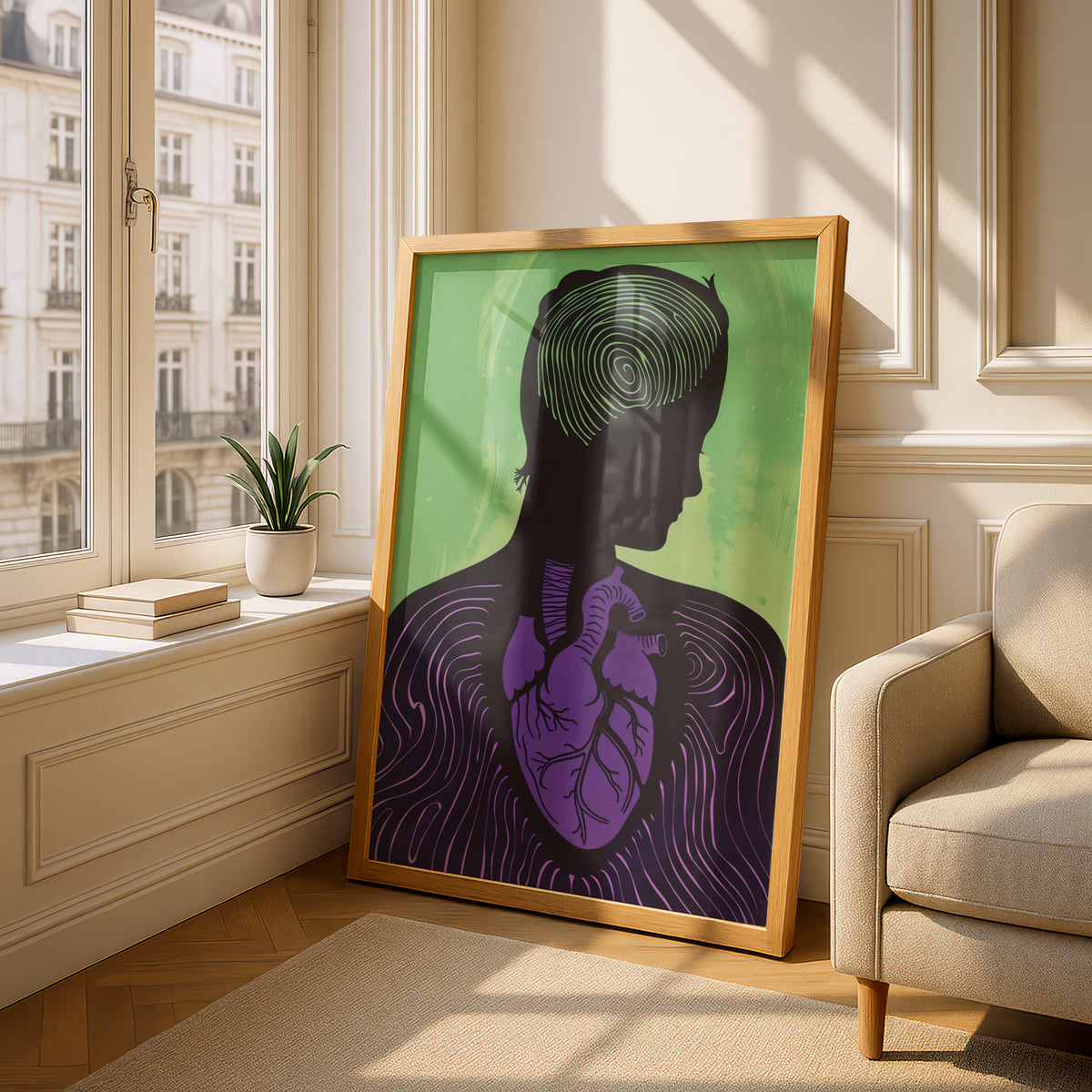 Anatomical Heart Silhouette Poster, Purple Green Wall Art, Mental Health Art Print, Modern Gallery — styling mockup 4