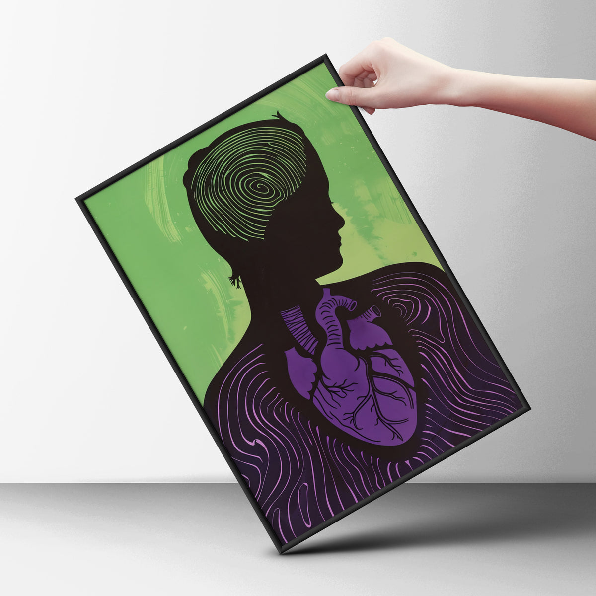 Anatomical Heart Silhouette Poster, Purple Green Wall Art, Mental Health Art Print, Modern Gallery — styling mockup 6
