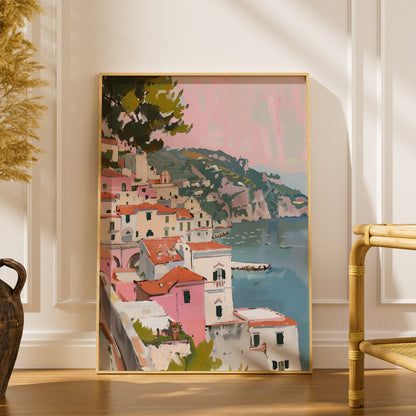 Amalfi Coast Poster, Pink Coastal Village Wall Art, Mediterranean Seaside Painting Print — styling mockup 1