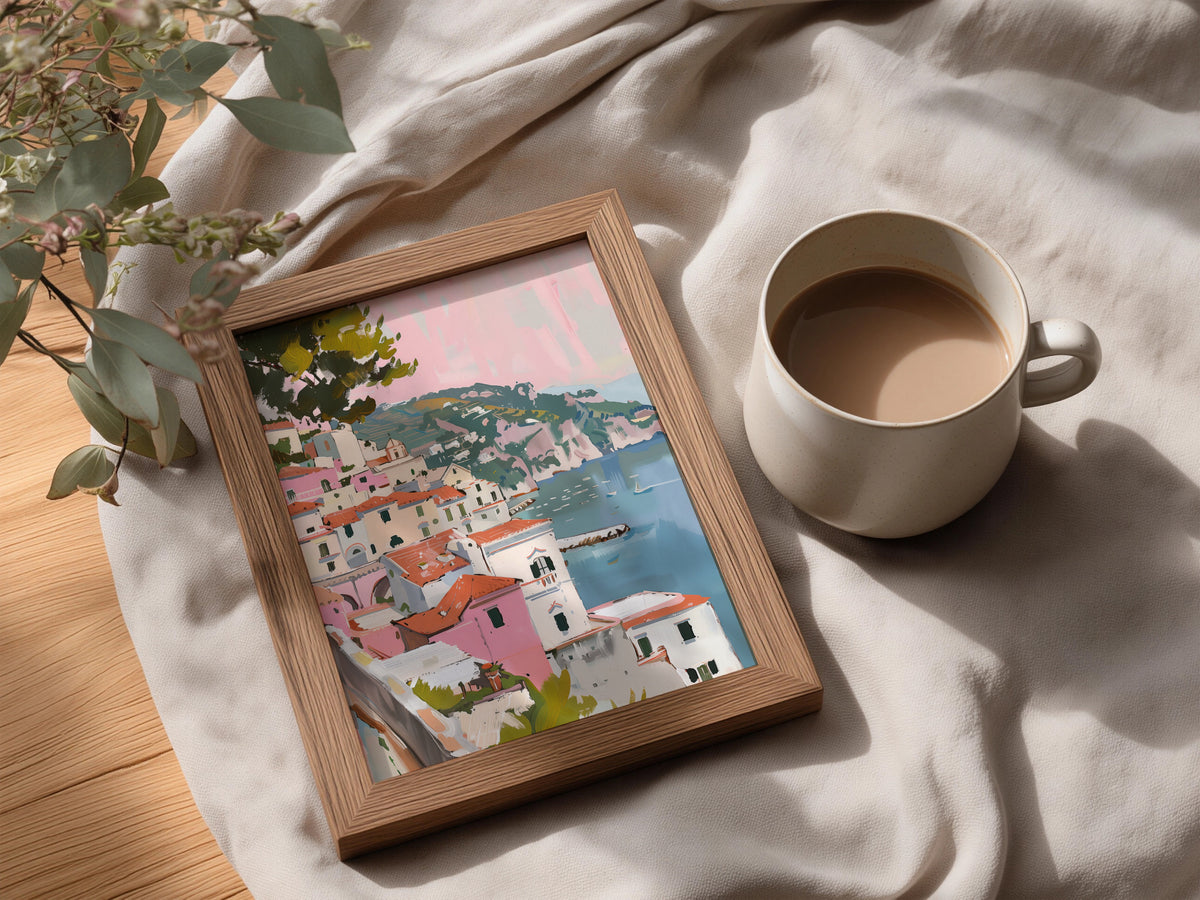 Amalfi Coast Poster, Pink Coastal Village Wall Art, Mediterranean Seaside Painting Print — styling mockup 3