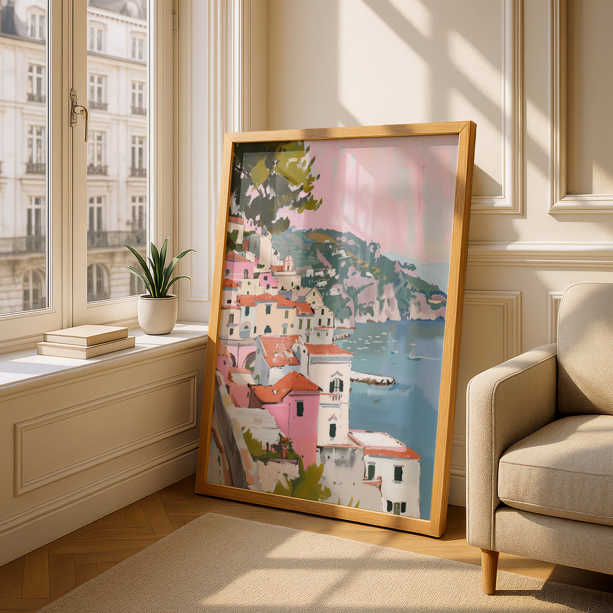 Amalfi Coast Poster, Pink Coastal Village Wall Art, Mediterranean Seaside Painting Print — styling mockup 4