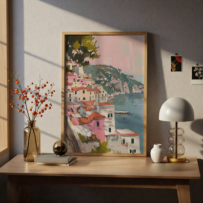 Amalfi Coast Poster, Pink Coastal Village Wall Art, Mediterranean Seaside Painting Print — styling mockup 5