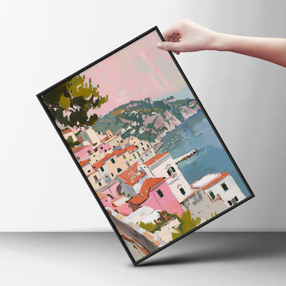 Amalfi Coast Poster, Pink Coastal Village Wall Art, Mediterranean Seaside Painting Print — styling mockup 6