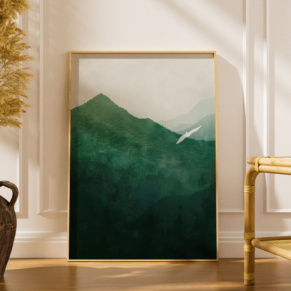 Misty Green Mountain Poster, Wall Art Print, White Bird Landscape, Forest Valley, Living Room — styling mockup 1