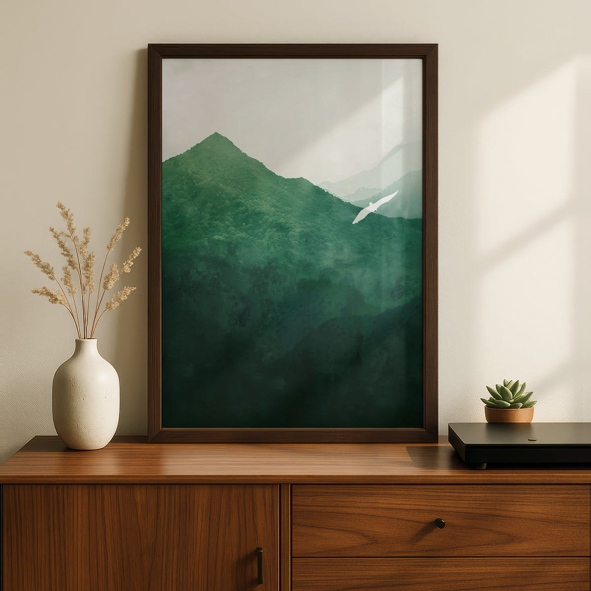 Misty Green Mountain Poster, Wall Art Print, White Bird Landscape, Forest Valley, Living Room — styling mockup 2