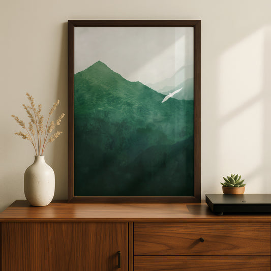 Misty Green Mountain Poster, Wall Art Print, White Bird Landscape, Forest Valley, Living Room — styling mockup 2