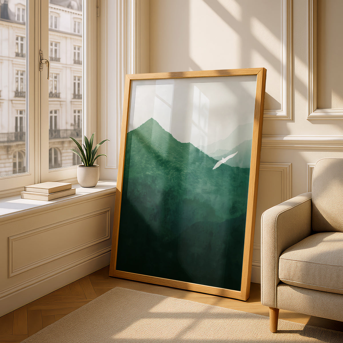 Misty Green Mountain Poster, Wall Art Print, White Bird Landscape, Forest Valley, Living Room — styling mockup 4