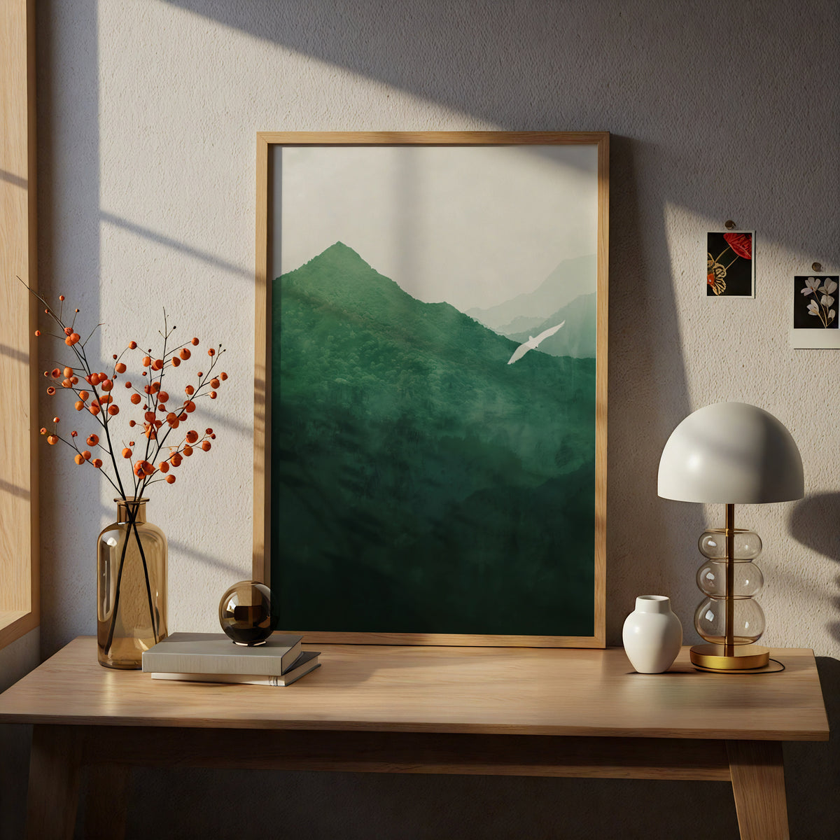 Misty Green Mountain Poster, Wall Art Print, White Bird Landscape, Forest Valley, Living Room — styling mockup 5