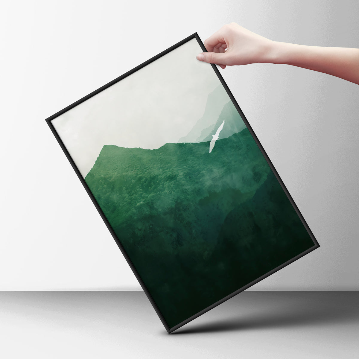 Misty Green Mountain Poster, Wall Art Print, White Bird Landscape, Forest Valley, Living Room — styling mockup 6
