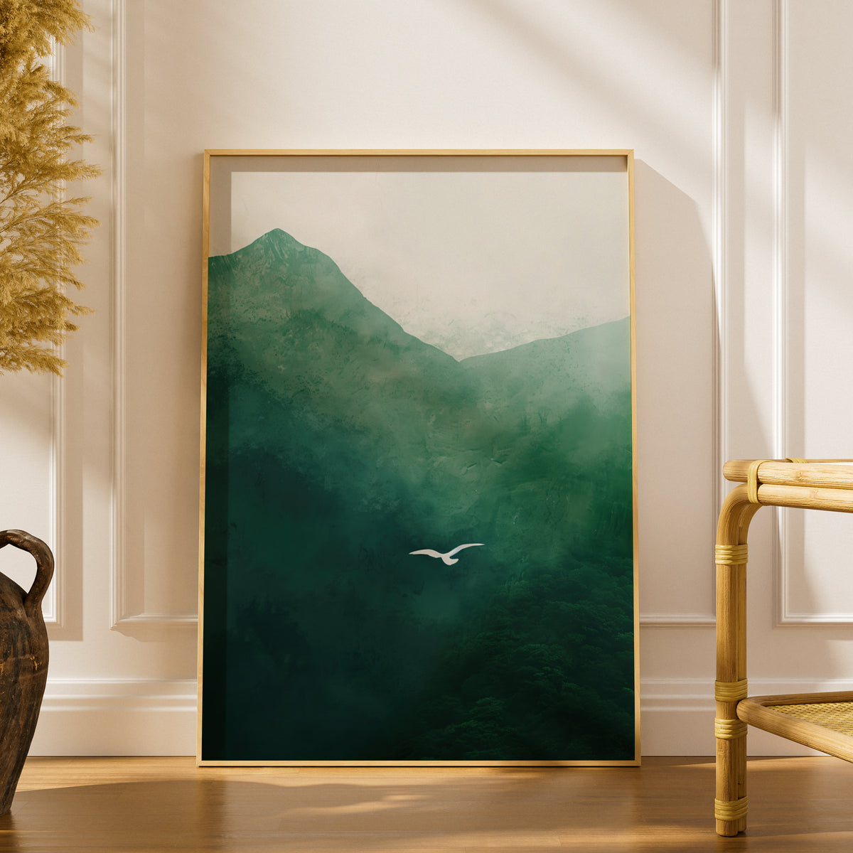 Green Mountain Landscape Poster, Misty Forest Wall Art Print, Flying Bird, Living Room Bedroom Decor — styling mockup 1