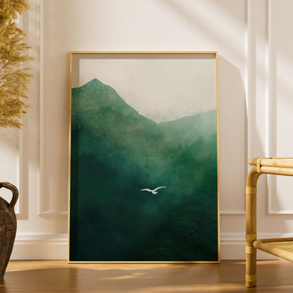 Green Mountain Landscape Poster, Misty Forest Wall Art Print, Flying Bird, Living Room Bedroom Decor — styling mockup 1