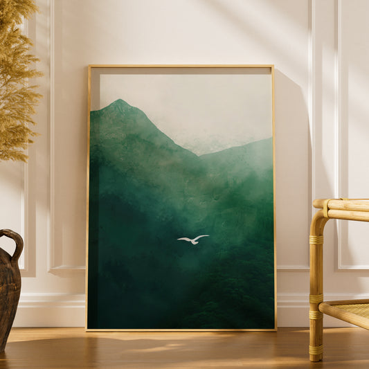 Green Mountain Landscape Poster, Misty Forest Wall Art Print, Flying Bird, Living Room Bedroom Decor — styling mockup 1