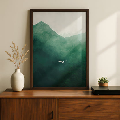 Green Mountain Landscape Poster, Misty Forest Wall Art Print, Flying Bird, Living Room Bedroom Decor — styling mockup 2
