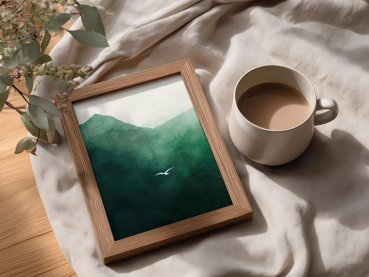Green Mountain Landscape Poster, Misty Forest Wall Art Print, Flying Bird, Living Room Bedroom Decor — styling mockup 3