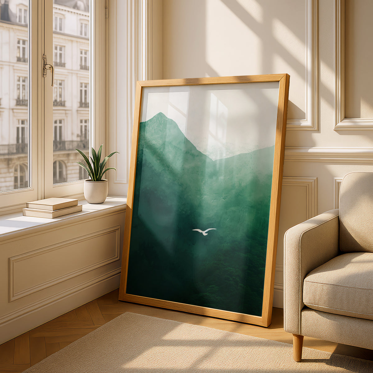 Green Mountain Landscape Poster, Misty Forest Wall Art Print, Flying Bird, Living Room Bedroom Decor — styling mockup 4