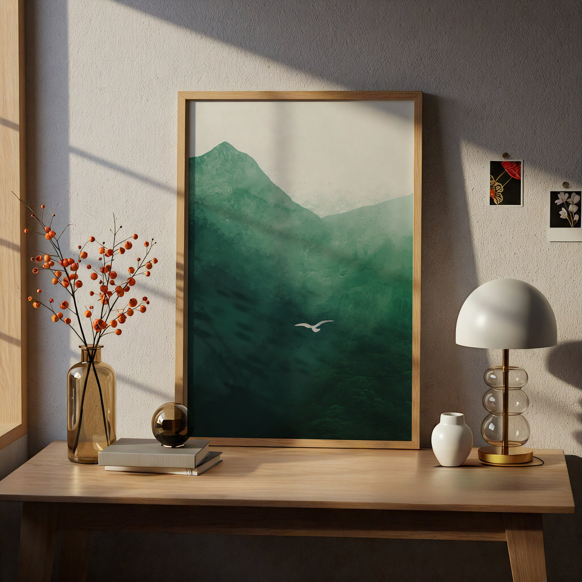 Green Mountain Landscape Poster, Misty Forest Wall Art Print, Flying Bird, Living Room Bedroom Decor — styling mockup 5