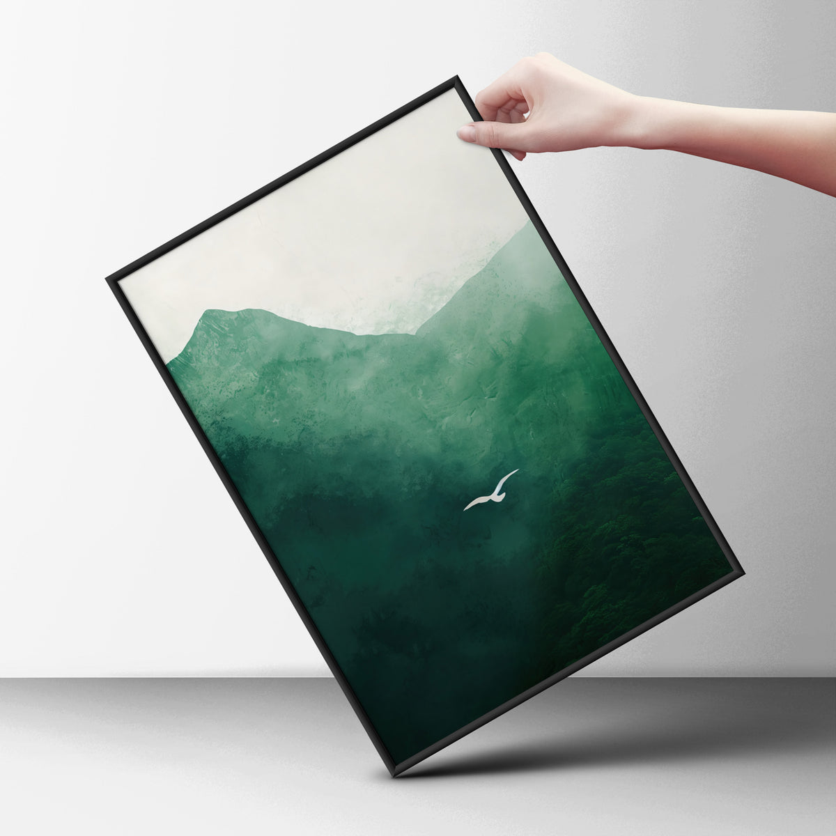 Green Mountain Landscape Poster, Misty Forest Wall Art Print, Flying Bird, Living Room Bedroom Decor — styling mockup 6