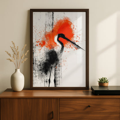 Abstract Crane Bird Poster, Black and Orange Ink Wall Art, Japanese Style Art Print for Living Room — styling mockup 2