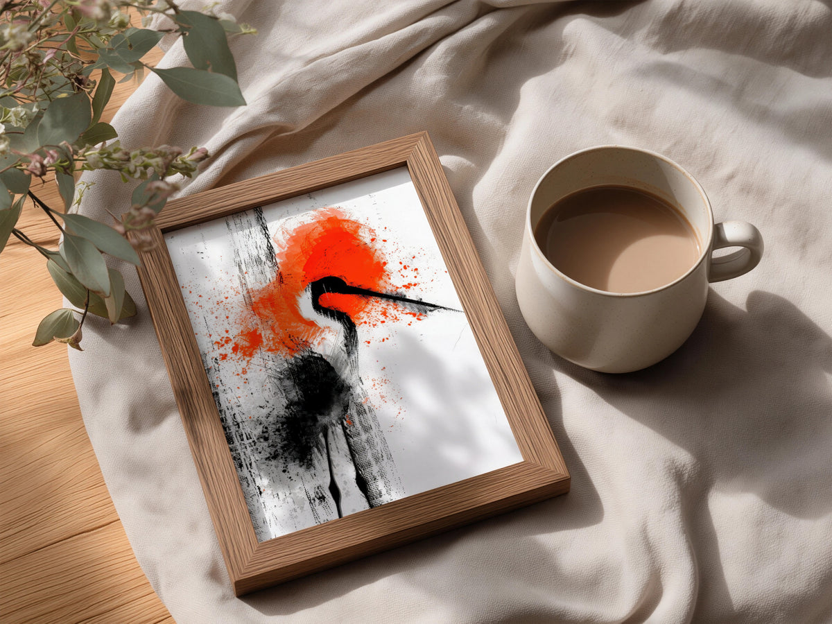 Abstract Crane Bird Poster, Black and Orange Ink Wall Art, Japanese Style Art Print for Living Room — styling mockup 3