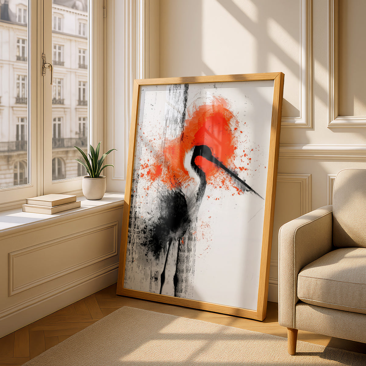 Abstract Crane Bird Poster, Black and Orange Ink Wall Art, Japanese Style Art Print for Living Room — styling mockup 4