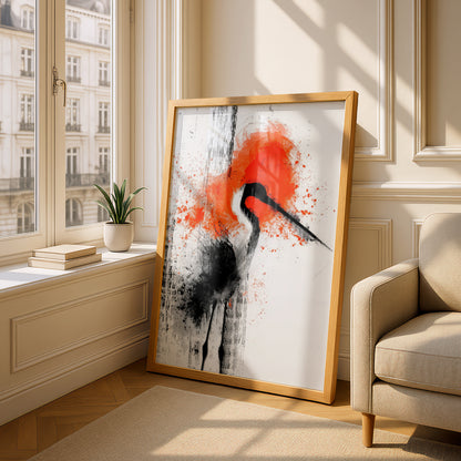 Abstract Crane Bird Poster, Black and Orange Ink Wall Art, Japanese Style Art Print for Living Room — styling mockup 4