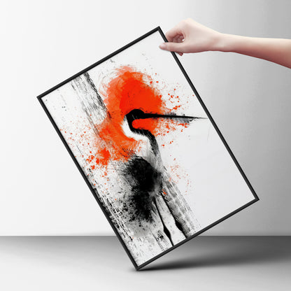 Abstract Crane Bird Poster, Black and Orange Ink Wall Art, Japanese Style Art Print for Living Room — styling mockup 6