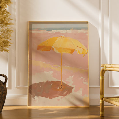 Yellow Beach Umbrella Painting, Coastal Wall Art Poster, Pink Seaside Print, Summer Living Room — styling mockup 1