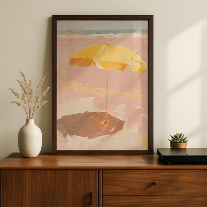 Yellow Beach Umbrella Painting, Coastal Wall Art Poster, Pink Seaside Print, Summer Living Room — styling mockup 2
