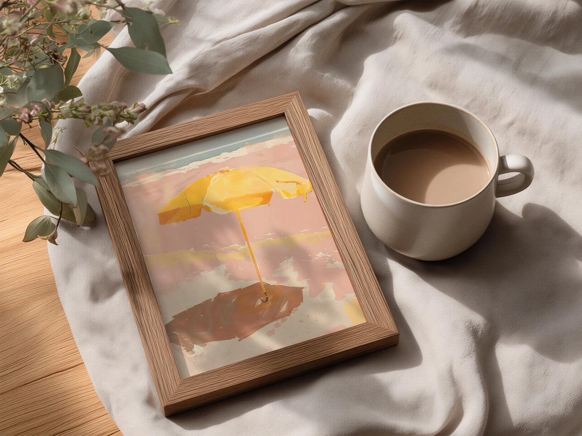 Yellow Beach Umbrella Painting, Coastal Wall Art Poster, Pink Seaside Print, Summer Living Room — styling mockup 3