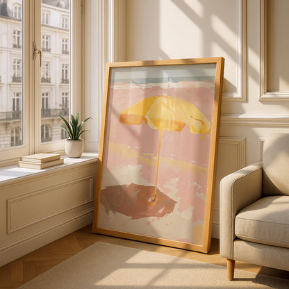 Yellow Beach Umbrella Painting, Coastal Wall Art Poster, Pink Seaside Print, Summer Living Room — styling mockup 4