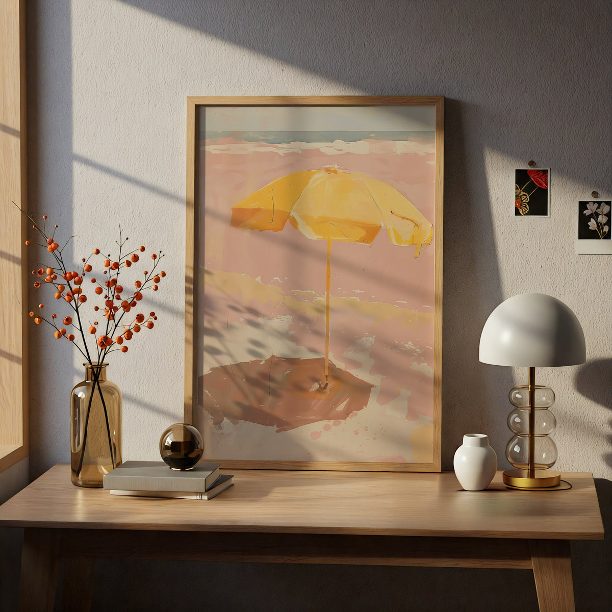 Yellow Beach Umbrella Painting, Coastal Wall Art Poster, Pink Seaside Print, Summer Living Room — styling mockup 5