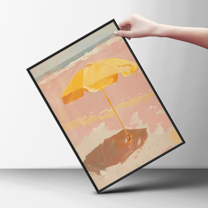 Yellow Beach Umbrella Painting, Coastal Wall Art Poster, Pink Seaside Print, Summer Living Room — styling mockup 6